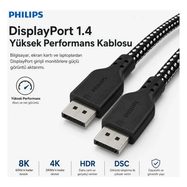 Philips Swr3139b 1.5 Metre Örgülü Displayport 1.4 Kablo, Dsc, 8K 60Hz, 4K 240Hz, 2K 360Hz, 1080P 480Hz, Hdr, 32.4 Gbps Dp Kablo - Görsel 2