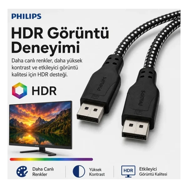 Philips Swr3139b 1.5 Metre Örgülü Displayport 1.4 Kablo, Dsc, 8K 60Hz, 4K 240Hz, 2K 360Hz, 1080P 480Hz, Hdr, 32.4 Gbps Dp Kablo - Görsel 6