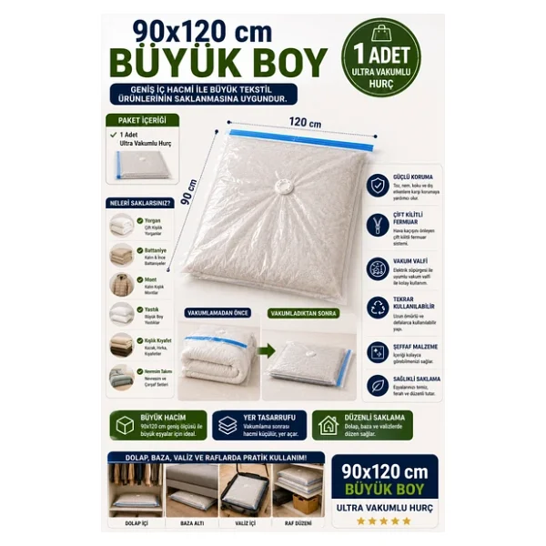 OpenCity Ultra Boy Vakumlu Hurç 90x120 cm 1 Adet Çift Kilitli Vakum Poşeti Yorgan Battaniye Saklama Çuvalı - Görsel 9