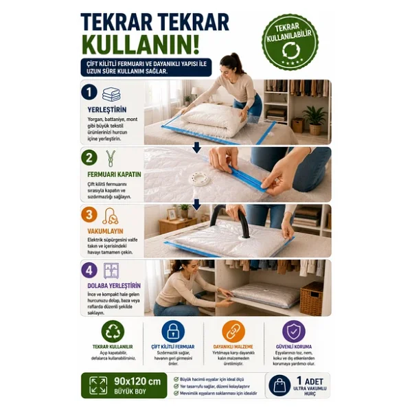 OpenCity Ultra Boy Vakumlu Hurç 90x120 cm 1 Adet Çift Kilitli Vakum Poşeti Yorgan Battaniye Saklama Çuvalı - Görsel 7