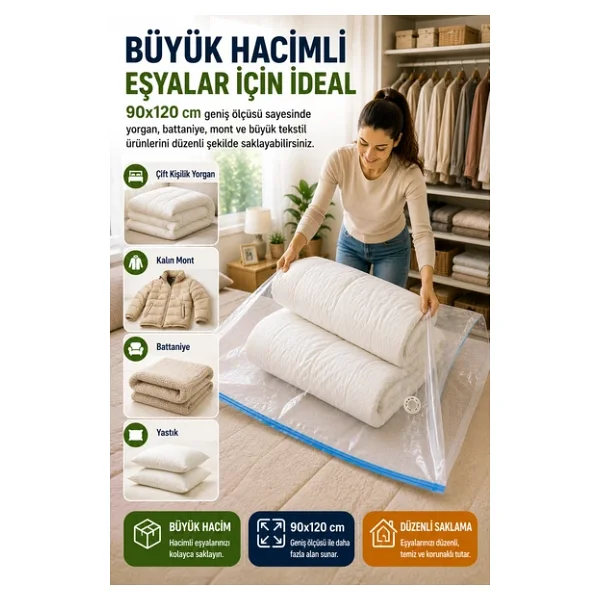 OpenCity Ultra Boy Vakumlu Hurç 90x120 cm 1 Adet Çift Kilitli Vakum Poşeti Yorgan Battaniye Saklama Çuvalı - Görsel 3