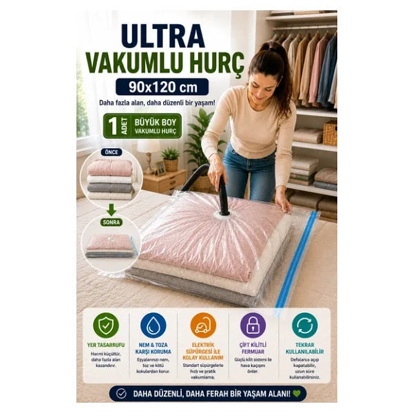 OpenCity Ultra Boy Vakumlu Hurç 90x120 cm 1 Adet Çift Kilitli Vakum Poşeti Yorgan Battaniye Saklama Çuvalı - Görsel 2