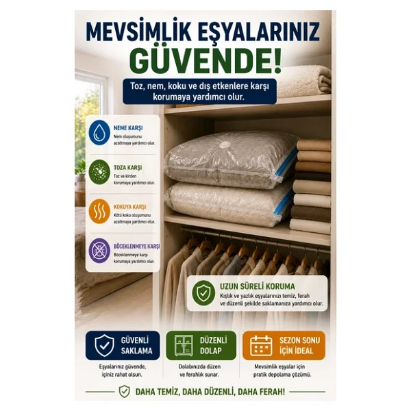 OpenCity Ultra Boy Vakumlu Hurç 90x120 cm 1 Adet Çift Kilitli Vakum Poşeti Yorgan Battaniye Saklama Çuvalı - Görsel 5