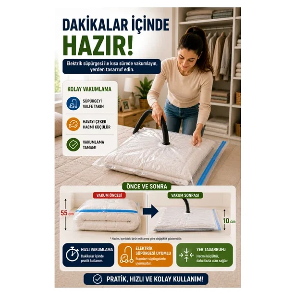 OpenCity Ultra Boy Vakumlu Hurç 90x120 cm 1 Adet Çift Kilitli Vakum Poşeti Yorgan Battaniye Saklama Çuvalı - Görsel 6