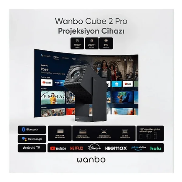 Wanbo Cube 2 Pro 500 Lümen Lacivert Full HD Android Taşınabilir Projeksiyon Cihazı - Görsel 4