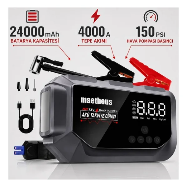 24000 Mah 4İn1 Akü Takviye Cihazı 150 Psı Kompresör Lastik Şişirme Powerbank Eva Çanta 4000A Tepe Akım - Görsel 3