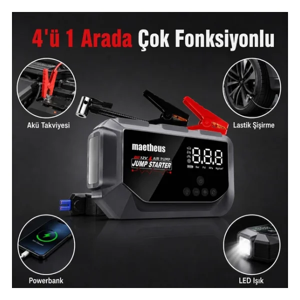 24000 Mah 4İn1 Akü Takviye Cihazı 150 Psı Kompresör Lastik Şişirme Powerbank Eva Çanta 4000A Tepe Akım - Görsel 6