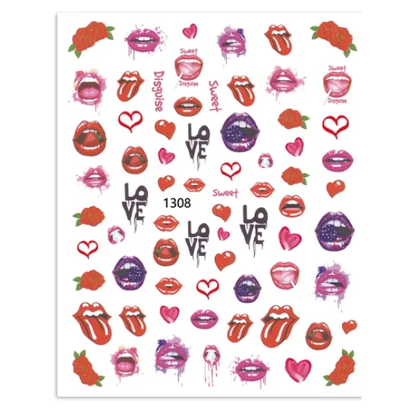 Dudak Kalp Gül Tema Tırnak Sticker Tırnak Etiketi Nail Art Jo-1308 - Görsel 2