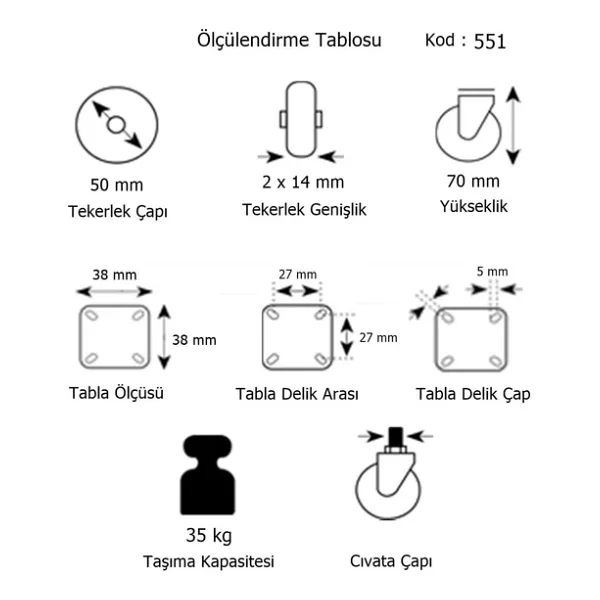 Hts Büro Tipi Tablalı Dönerli Mobilya Tekeri Gri Kod : 551 - Görsel 2