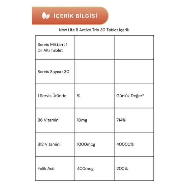 New Life B12 Plus 60 Tablet & New Life B Active Trio Dil Altı 30 Tablet - Görsel 4