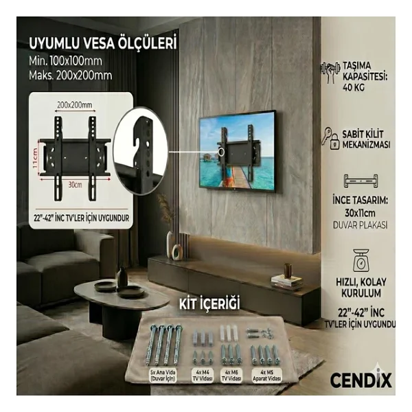 Cendix CX0TVAPR01 Sabit Kilitli Tv Duvar Askı Aparatı 22-42 İnç (30 x11 cm 40 Kg Taşıma Kapasite) - Görsel 4