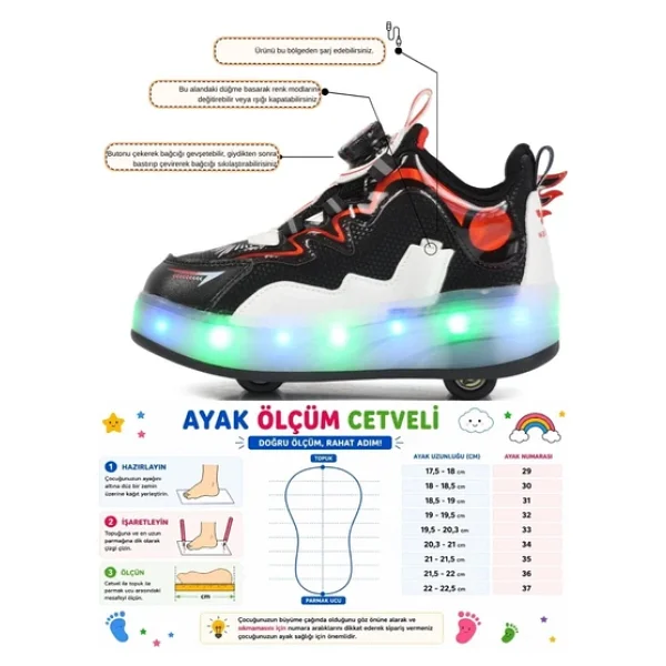 Walkway Erkek Çocuk Siyah Kırmızı Şarjlı Işıklı Akıllı Bağcıklı Tekerlekli Paten Ayakkabı Yung - Görsel 5