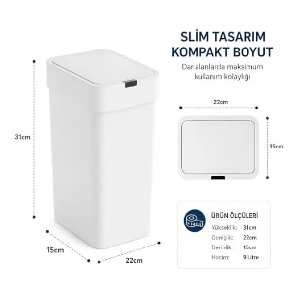 9 Litre Slim Sensörlü Çöp Kovası, Otomatik Temassız Akıllı Çöp Kutusu, Sessiz Kapanan, 2 AA Pille Çalışan, Dar Alanlar İçin Banyo, Mutfak ve Ofis Beyaz - Görsel 3