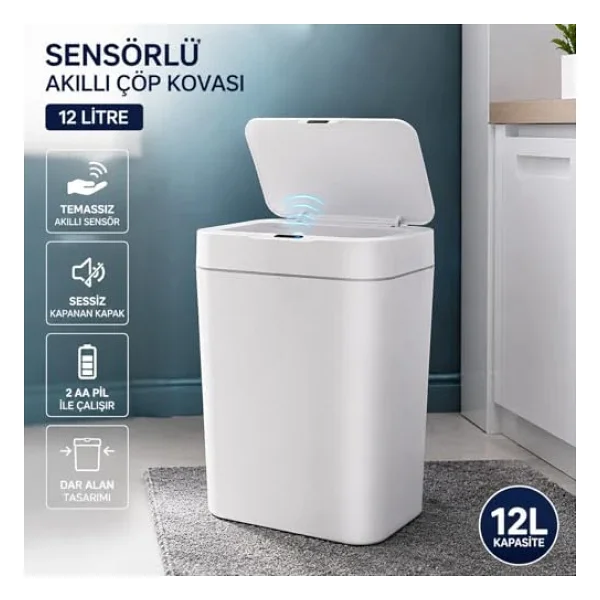 9 Litre Slim Sensörlü Çöp Kovası, Otomatik Temassız Akıllı Çöp Kutusu, Sessiz Kapanan, 2 AA Pille Çalışan, Dar Alanlar İçin Banyo, Mutfak ve Ofis Beyaz - Görsel 6