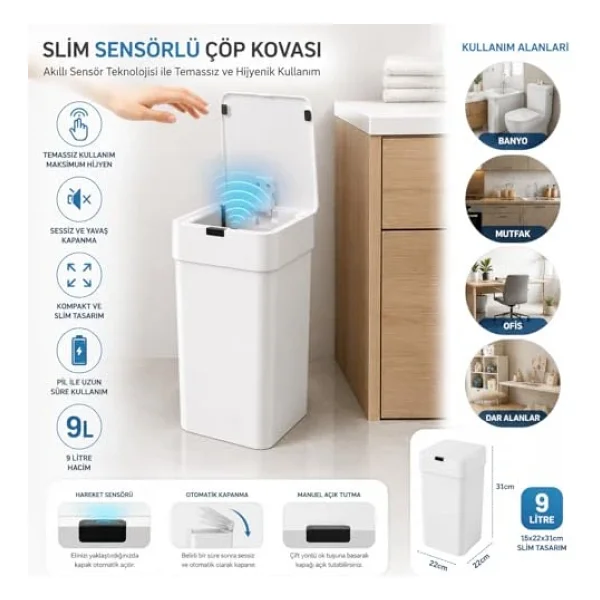 9 Litre Slim Sensörlü Çöp Kovası, Otomatik Temassız Akıllı Çöp Kutusu, Sessiz Kapanan, 2 AA Pille Çalışan, Dar Alanlar İçin Banyo, Mutfak ve Ofis Beyaz - Görsel 4