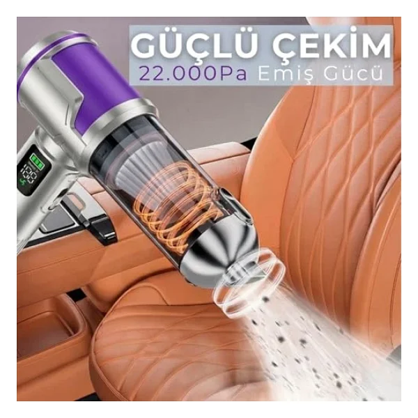Romofy Şarjlı Araç Süpürgesi 22.000 pa - Üfleme Özellikli Mini Oto Süpürgesi 3 Kademeli - 15.000 mAh Şarj Kapasitesi, Çok Fonksiyonlu Süpürge Başlıkları ile Taşınabilir Kablosuz Süpürge - Görsel 6