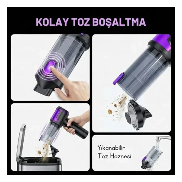 Romofy Şarjlı Araç Süpürgesi 22.000 pa - Üfleme Özellikli Mini Oto Süpürgesi 3 Kademeli - 15.000 mAh Şarj Kapasitesi, Çok Fonksiyonlu Süpürge Başlıkları ile Taşınabilir Kablosuz Süpürge - Görsel 8
