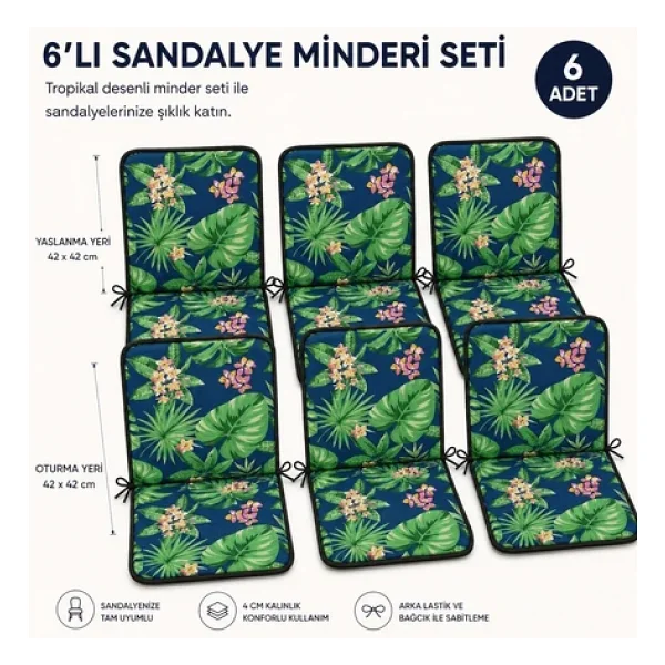 6 Adet Rattan Arkalıklı Sandalye Minderi (Kalınlık 4cm)-Tropikal Yeşil - Görsel 3