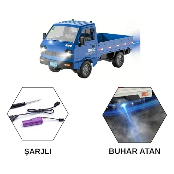 Giffy / Uzaktan Kumandalı RC Kamyonet, Işıklı, Buhar Atan, Şarjlı İş Makinesi Araç Yük Taşıma Aracı Kamyonet (Mavi) - Görsel 2