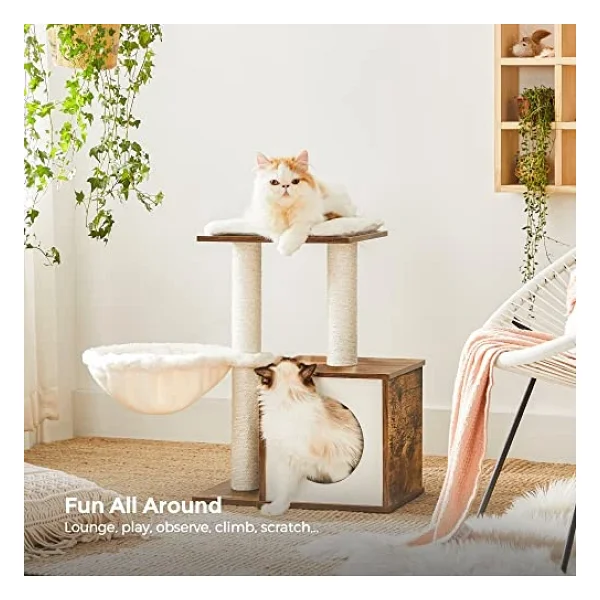 FEANDREA WoodyWonders Kediler için Küçük Kedi Ağacı, İç Mekan Kediler için Modern Kedi Kulesi, Tırmalama Direkli Kedi Evi, Çıkarılabilir Yıkanabilir Yastıklar, Rustik Kahverengi UPCT122X01 - Görsel 3
