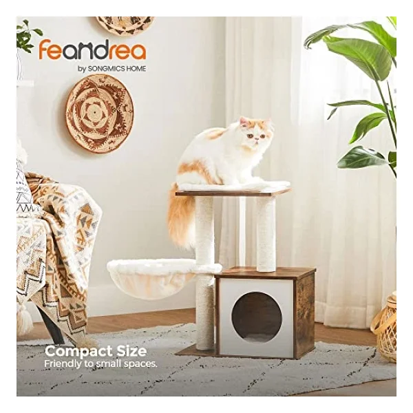 FEANDREA WoodyWonders Kediler için Küçük Kedi Ağacı, İç Mekan Kediler için Modern Kedi Kulesi, Tırmalama Direkli Kedi Evi, Çıkarılabilir Yıkanabilir Yastıklar, Rustik Kahverengi UPCT122X01 - Görsel 2