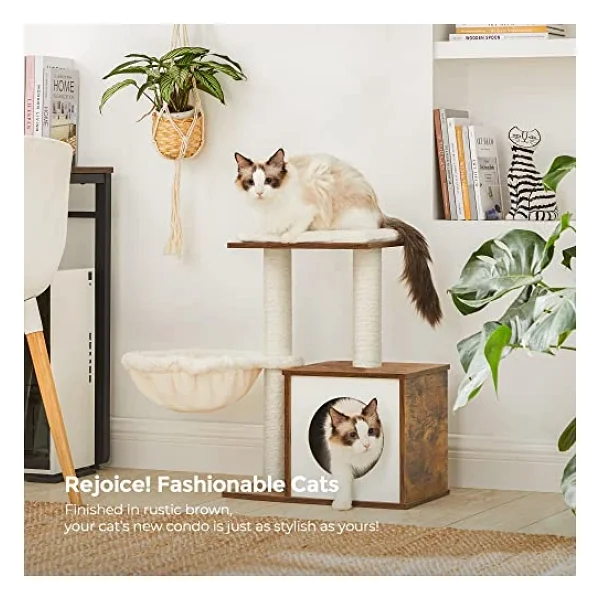FEANDREA WoodyWonders Kediler için Küçük Kedi Ağacı, İç Mekan Kediler için Modern Kedi Kulesi, Tırmalama Direkli Kedi Evi, Çıkarılabilir Yıkanabilir Yastıklar, Rustik Kahverengi UPCT122X01 - Görsel 7