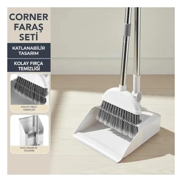 Deconox Corner Taraklı ve Saplı Faraş Süpürge Seti - Katlanabilir Dik Faraş Takımı - Paslanmaz Çelik Saplı Ergonomik Temizlik Seti (Beyaz - Antrasit) - Görsel 2