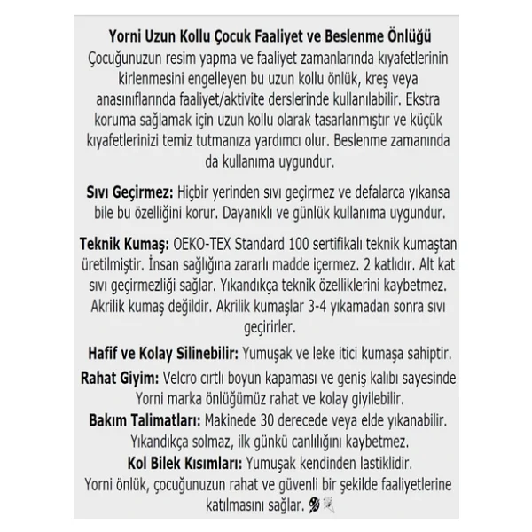 yorni 7-11 Yaş, Zoo, Sıvı Geçirmez, Makinede Yıkanabilir, Uzun Kollu Çocuk, Aktivite Boyama Önlüğü - Görsel 4