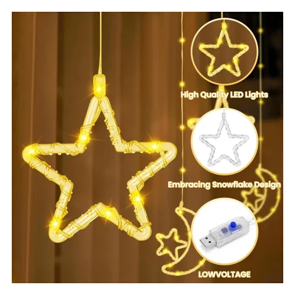 Coverzone Su Geçirmez 3 Metre Led Işıklı Ay ve Yıldız Işık Zinciri Dekoratif Fişli Aydınlatma Ev Dekorasyonu Salon Oda Merdiven Balkon Süslemeleri için Yılbaşı Eğlence Doğum Günlerine Özel Aydınlatma - Görsel 4