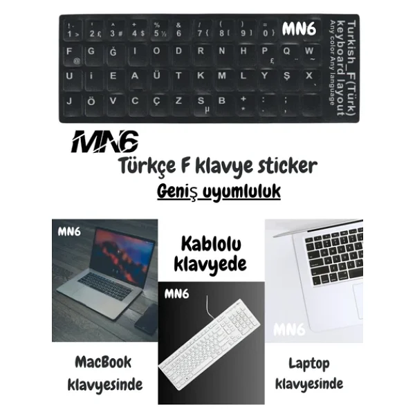 MN6 MF01 F Klavye Sticker/3 Adet-Laptop PC Uymlu-Silinmez/Türkçe F Klavye Sticker (3) - Görsel 6