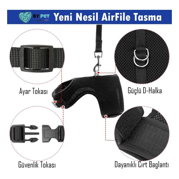 BYPET Yeni Nesil Nefes Alabilen Kedi Göğüs Tasması Seti (Small, Siyah) - Görsel 3