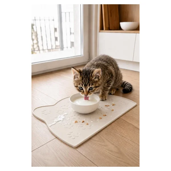 Siliconly%100 Silikon Kokusuz Plastik ve Pvc İçermez Kedi Beslenme Paspası Kedi Mama Matı Ekru - Görsel 2