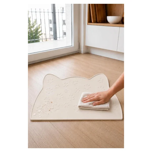 Siliconly%100 Silikon Kokusuz Plastik ve Pvc İçermez Kedi Beslenme Paspası Kedi Mama Matı Ekru - Görsel 3