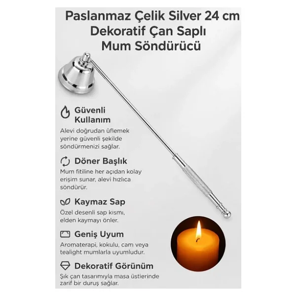 Hareketli Baş Çelik Silver 22 cm Dekoratif Çan Dizayn Saplı Mum Söndürücü cin818slv - Görsel 6