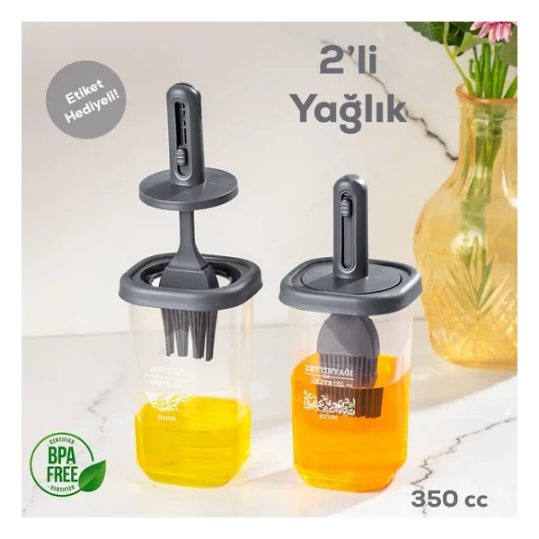 Porsima 0520 2'li Silikon Fırçalı Yağlık - Yağdanlık Erzak Saklama Kabı 350 cc Antrasit - Görsel 2