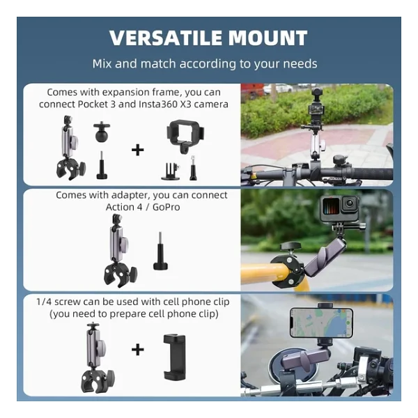 Coverzone Kamera Bisiklet ve Motosiklet Gidon Montaj, Alüminyum Alaşımlı Kelepçe, 360°, Insta360 ile uyumlu X5 X4 X3 Ace Pro Go 3S, DJI Osmo 2 Mobile 7P Action 5 Pro 4 3 ile Uyumlu, MM1, Gri - Görsel 2