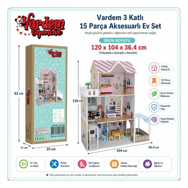 Vardem TX1195 3 Katlı 15 Parça Aksesuarlı Oyuncak Ev - Görsel 3