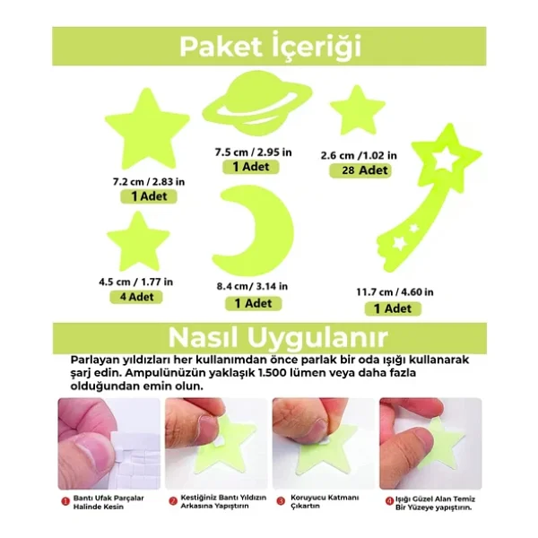 Giraffe Sticker Karanlıkta Parlayan Fosforlu Ay ve Yıldız Tasarımlı Dekoratif (36 Adet Gezegen Yıldız) - Görsel 2