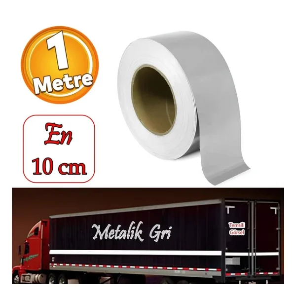 Badem10 Reflektif Gece Parlayan En 10 cm 1 Mt İkaz Bandı Reflektörlü Bant Metalize Gri Renk Düz Desensiz - Görsel 4