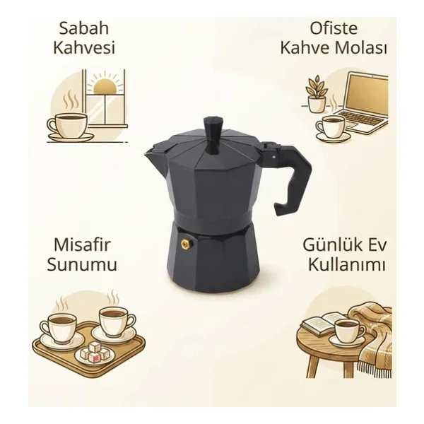 Deconox Siyah Moka Pot 3 Fincanlık Moka Kahve Cezvesi, 180 ml Alüminyum Espresso Demliği, Ocak Üstü Kahve Yapıcı, Gazlı Elektrikli ve Seramik Ocak Uyumlu, 9x12x17 cm - Görsel 2