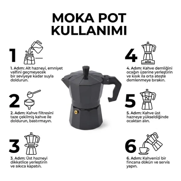 Deconox Siyah Moka Pot 3 Fincanlık Moka Kahve Cezvesi, 180 ml Alüminyum Espresso Demliği, Ocak Üstü Kahve Yapıcı, Gazlı Elektrikli ve Seramik Ocak Uyumlu, 9x12x17 cm - Görsel 3