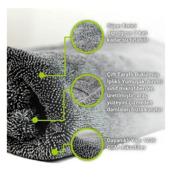 Coofbe Profesyonel 60X90cm 1200Gsm Ultra Kalın Mikrofiber Araç Kurulama Havlusu Oto Yıkama Bezi Kurutma Havlusu - Görsel 5