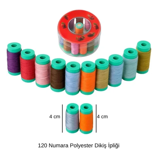 Dikiş İpliği Seti - 120 Numara Polyester, 12 Renkli 4 cm Bobin Dayanıklı, Parlak ve Yüksek Kaliteli Dikiş İpi - Görsel 6