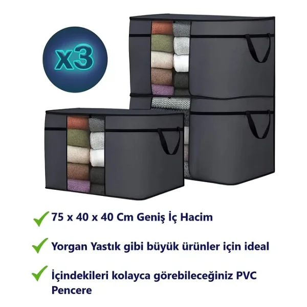 3 Adet Pencereli Yastık Saklama Hurcu - Mega Boy Yorgan Hurç Organizer Düzenleyici - 75 X 40 X 40 Cm (Antrasit) - Görsel 3