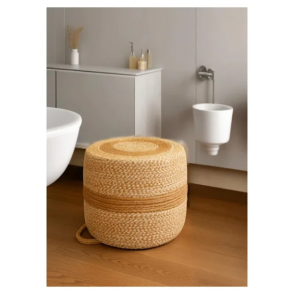 NatureLine Jüt PUF Salon Pufu Antre Puf Makyaj Masası ve Yatak Odası Banyo Puf Teras Veranda ve Balkon Uyumlu Hasır Dekoratif Dayanıklı ve Çok Amaçlı Puff (HASIR-BEYAZKIRÇIL) - Görsel 4
