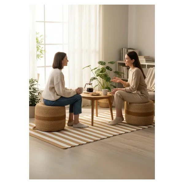 NatureLine Jüt PUF Salon Pufu Antre Puf Makyaj Masası ve Yatak Odası Banyo Puf Teras Veranda ve Balkon Uyumlu Hasır Dekoratif Dayanıklı ve Çok Amaçlı Puff (HASIR-BEYAZKIRÇIL) - Görsel 2