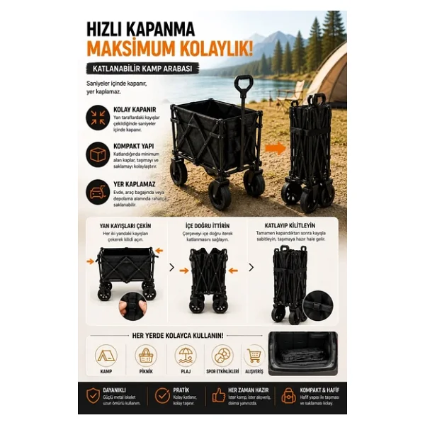 Katlanır Kamp Arabası 130 Kg Kapasiteli Üst Tablalı Kalın Tekerlekli Çok Amaçlı Taşıma Arabası - Görsel 7