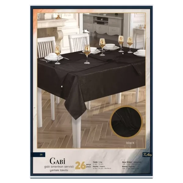 Gabi Amerikan Servisli Yemek Takımı Masa Seti 12 Kişilik 26 Parça 160 x 260 Cm Runner Set Siyah - Görsel 5