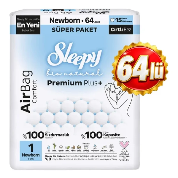 Sleepy Bio Natural Premium Plus Airbag Comfort 1 Numara Newborn 64'lü Bebek Bezi - Görsel 5