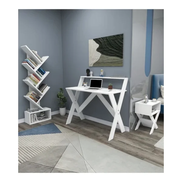 Enda Home X Çalışma Odası Seti Çalışma Masası Kitaplık Komodin Beyaz Çalışma Masası Kitaplık Seti - Görsel 3